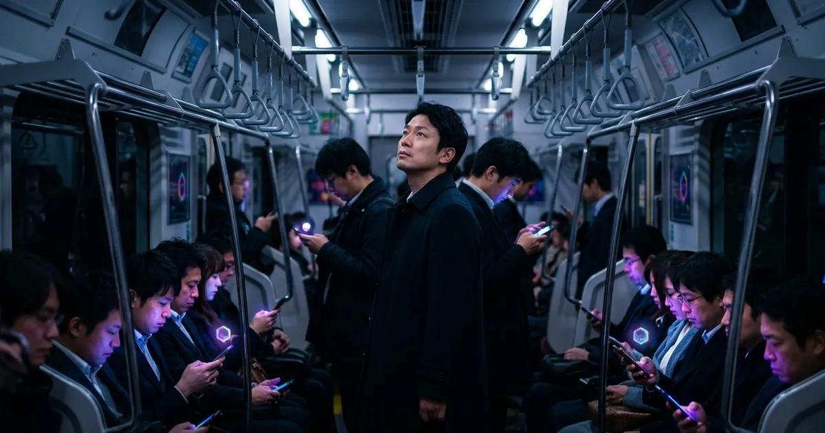 In a late-night Tokyo subway car, passengers' faces glow from their phones while one man watches the crowd.