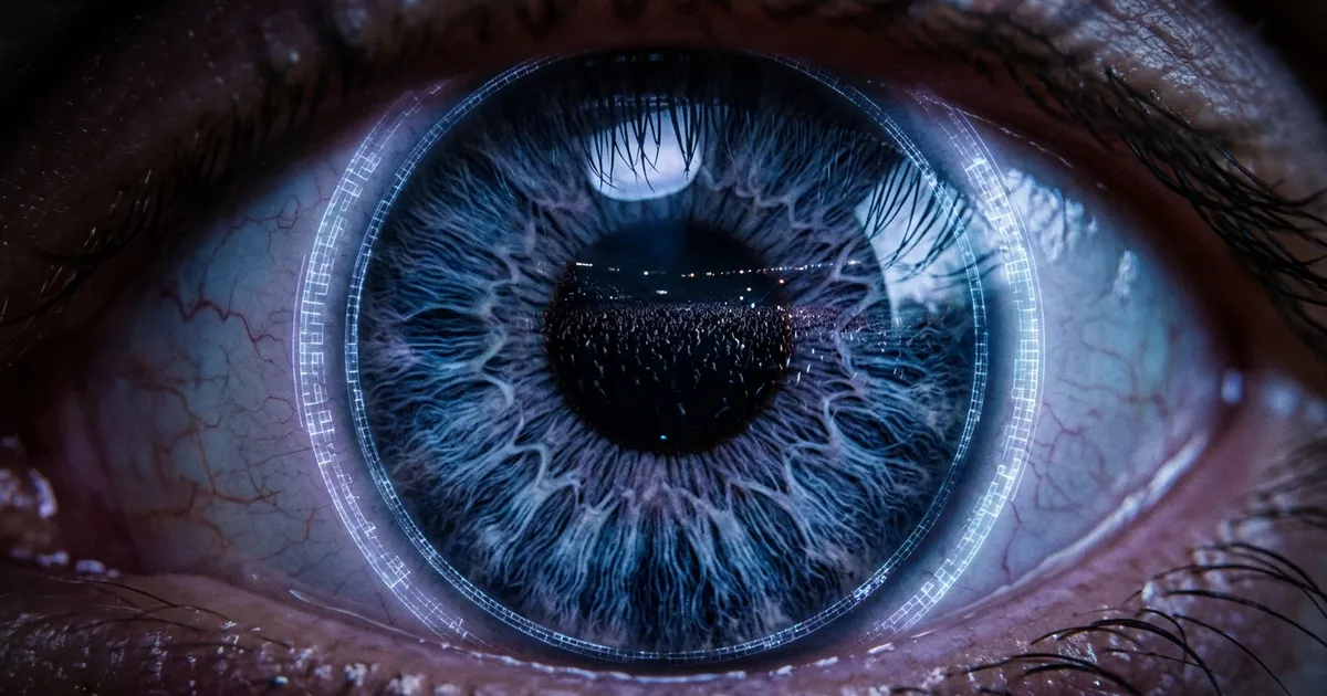 Extreme close-up of a human eye ringed by glowing linked blocks, like a seal of verification.
